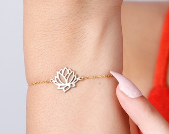 14K Solid Gold Lotus Bracelet, Handmade Real Gold Yoga Flower Charm, Dainty Minimalist Jewelry, Christmas Gift