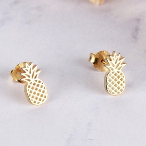 14K Solid Gold Pineapple Stud Earrings: Handmade Summer Jewelry Valentines Day Gift