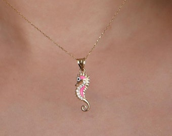 14K Solid Gold Pink Seahorse Necklace, Animal Pendant