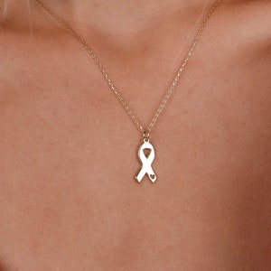 Delicado collar con lazo contra el cáncer en oro macizo de 14 quilates, colgante de oro auténtico para sobrevivientes, collar de concienciación sobre el cáncer de mama, collar con barra con nombre, joyería con forma de corazón