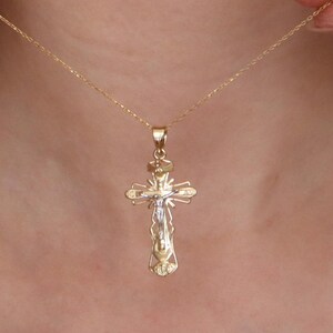Cross Necklace with Jesus Christ in 14K Solid Gold, Layered Cross Charm Pendant, Textured Gold Cross Pendant, Baptism Cross, Faith Pendant