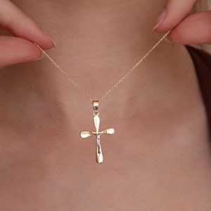 14K Real Gold Crucifix Pendant, Jesus Cross Necklace,Dainty Gold Chain,Baptism, Graduation Gifts,Christ Solid Gold Cross,Faith Cross Pendant