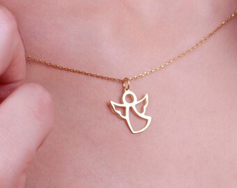 14K Solid Gold Engel Anhänger Halskette: Guardian Schmuck Valentinstag Geschenk