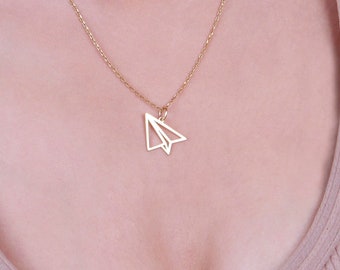 14K massief gouden papieren vliegtuigketting: origami bedel sieraden Valentijnsdagcadeau