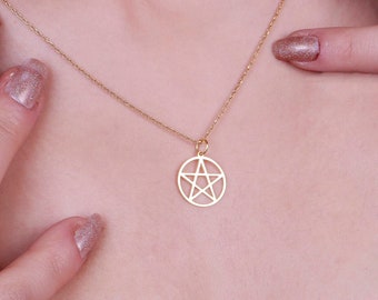 14K massief gouden pentagramketting, handgemaakte bedelhanger Valentijnsdagcadeau