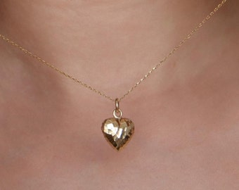 14K Gold Puff Heart Key Charm Pendant for Necklace Bracelet Gift Love