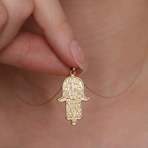 14k Solid Gold Hamsa Necklace, Protective Hand Pendant, Spiritual Gift for Her, Good Luck Jewelry, Elegant Protection Amulet, Gift for Her