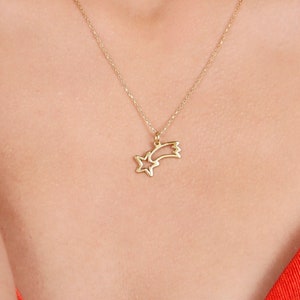 Collar de estrella fugaz en oro macizo de 14 quilates, colgante de cometa en oro de 14 quilates, joyería celestial, regalo para ella, collar con placa de identificación, regalo de San Valentín