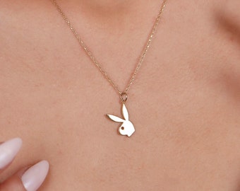 14K Solid Gold Playboy Bunny Necklace, Handmade Pendant