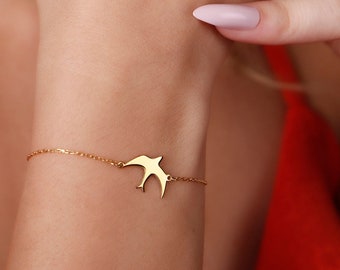 Flying Swallow Bracelet in 14K Solid Gold, Real Gold Bird Bracelet, Handmade Gold Swallow Bird Bracelets, Bird Jewelry, Mothers Day Gifts