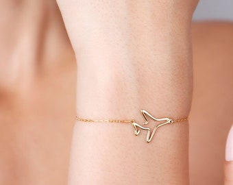 14K Solid Gold Airplane Outline Bracelet, Real gold Plane Bracelet, Dainty Airplane Jewelry, Dainty Airplane Charm Bracelet, Traveler Gifts