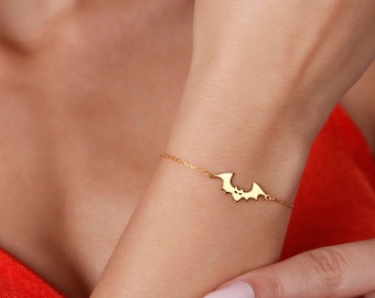 Bracciale pipistrello in oro massiccio 14 carati: gioielli gotici fatti a mano per Halloween, regalo di San Valentino