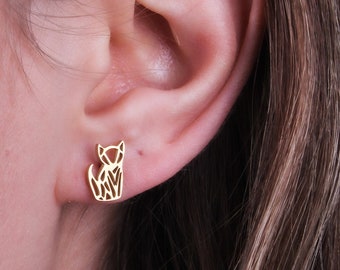 Oorbellen met vossenmotief van 14 karaats massief goud, geometrisch origami-design - minimalistische dierensieraden, handgemaakt kerstcadeau