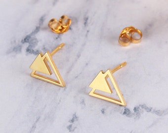 14K Solid Gold Triangle Stud Earrings, Geometric Stud Earrings, Triangle post earrings, Double Triangle Earrings, Mothers Day Jewelry