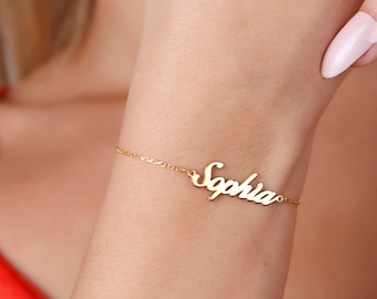 Pulsera con nombre en oro macizo de 14 quilates: joyería personalizada hecha a mano para San Valentín.