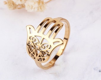 14K Solid Gold Hamsa Ring, Amulet Ring, Fatima hand ring,Hand of God Ring, Gift for her,Fatima Hand Jewelry, Name Ring, Mothers Day Gifts