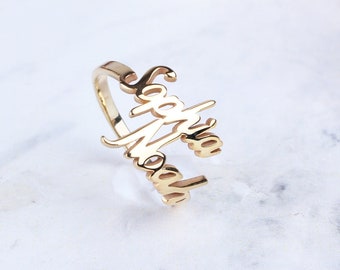 14K Solid Gold Name Ring, Dainty Two Name Ring, Christmas Gifts, Best Friend Gift, Gold Rings for women, Mothers Rings, Mothers Day Gifts