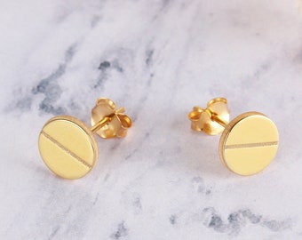 14K Solid Gold Hardware Stud Earrings, Yellow White Rose Stud, Circle Round Geometric Earrings, Circle Gold studs, Mothers Day Earrings