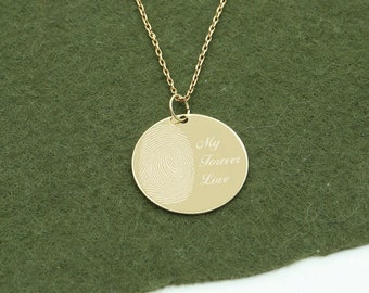 Engraved Actual Fingerprint Disc Necklace in 14k Solid Gold, Memorial Thumbprint Disk Pendant, Personalized Own Fingerprint Charm,Loss Gifts