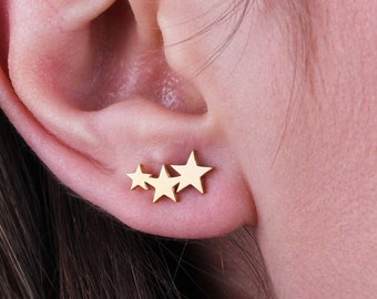 14K Solid Gold Star Stud Earrings: Handmade Celestial Jewelry Valentines Day Gift