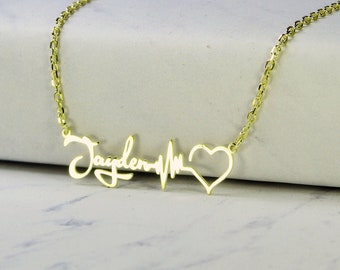 14K Solid Gold Name Heart Beat Necklace, ECG/EKG Bar Necklace,Love Necklace,Personalized Heart Necklace,Dainty Necklace,Christmas gifts