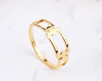 14K Solid Gold Three Rectangle Ring: Handmade Chic Ring Valentines Day Gift