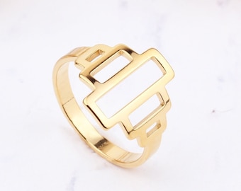 14K Solid Gold Geometric Rectangle Ring: Handmade Modern Ring Valentines Day Gift