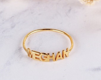 14K Solid Gold Name Ring: Personalized Stackable Band Valentines Day Gift