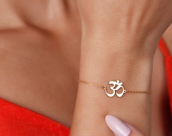 14K Solid Gold Om Bracelet, Real Gold Aum Bracelet, Spiritual Gift, Yoga Teacher Gift, Symbolic for Buddhist Friend, Mothers Day Gifts