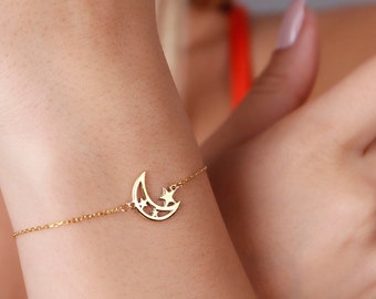 Pulsera de media luna y estrella en oro macizo de 14 quilates: joyería celestial, regalo de San Valentín.