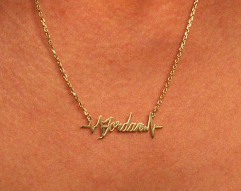 14K Solid Gold Name Herzfrequenz Halskette, Muttertagsgeschenk, Herzschlag Halskette, personalisierte Herz Halskette, Leben Halskette, Muttertagsgeschenk
