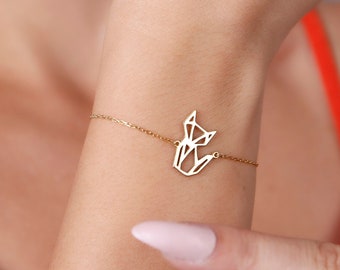 14K Solid Gold Fox Bracelet: Origami Animal Jewelry Valentines Day Gift