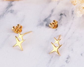 14K Solid Gold Celestial Stud Earrings,Gold Star Stud, Solid gold Earrings,Dainty Gold Earrings,North Star Stud Earrings, Christmas Jewelry