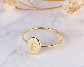 14K Solid Gold Custom Tiny Oval Ring, Dainty Signet Style Initial Rings • Custom Letter Ring in Gold and Rose Gold • Mothers Day Gifts