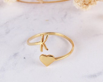 14K Solid Gold Dainty Initial Heart Ring, Gold Rings, Mothers Ring, Minimalist Initial Ring,Gold rings for women,  Mothers Day Gifts