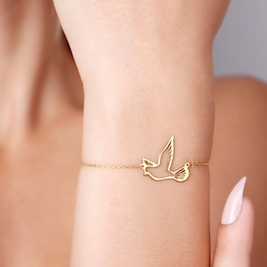 14K Solid Gold Pigeon Bracelet, Real Gold Pigeon Bracelet, Dainty Dove, Gold Bird Jewelry, Olive Branch, Peace Bracelet, Christmas Gifts