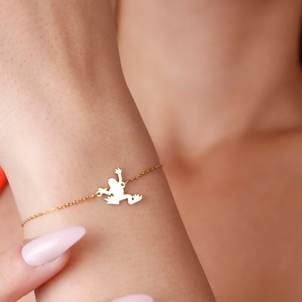 14K Solid Gold Frog Bracelet, Cute Animal Jewelry, Frog Bracelet, Summer Bracelet,Animal Lover Gift, Good Luck Charm, Mothers Day Gifts