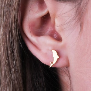 Dolphin Earrings in 14K Solid Gold, Dolphin Stud Earrings, Gold Dolphin Earrings, Ocean Earrings, Beach Stud Earrings, Christmas Gifts