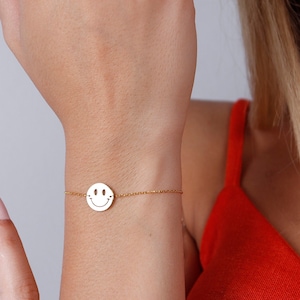 14K Solid Gold Smile Bracelet, Real Gold Smile Bracelet, Smiley Face Charm Bracelet, Smile Face Bracelet, Emoji Jewelry, Christmas Gifts