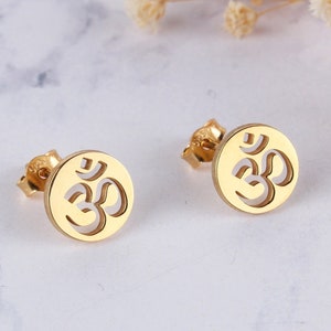 14K Real Gold Aum Spiritual Studs, Om Stud Earrings, Gift for Yoga lover, Symbolic and Meaning Earrings for Yoga Lovers, Christmas Gifts