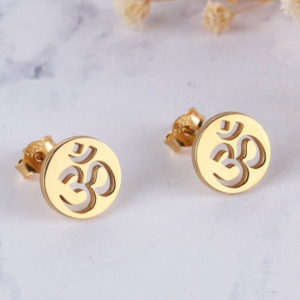 14K Real Gold Aum Spiritual Studs, Om Stud Earrings, Gift for Yoga lover, Symbolic and Meaning Earrings for Yoga Lovers, Mothers Day Gifts