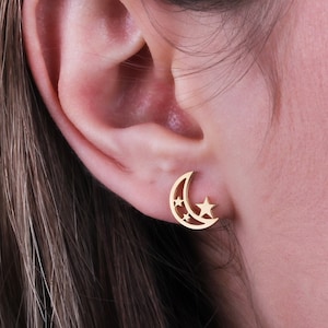 14K Solid Gold Celestial Crescent Stud Earrings, Real Gold Stars Crescent Moon Stud Earrings,  Celestial Jewelry, Christmas Gifts