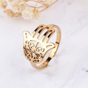 14K Solid Gold Hamsa Ring, Amulet Ring, Fatima hand ring,Hand of God Ring, Gift for her,Fatima Hand Jewelry, Name Ring, Mothers Day Gifts