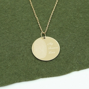 Engraved Actual Fingerprint Disc Necklace in 14k Solid Gold, Memorial Thumbprint Disk Pendant, Personalized Own Fingerprint Charm,Loss Gifts