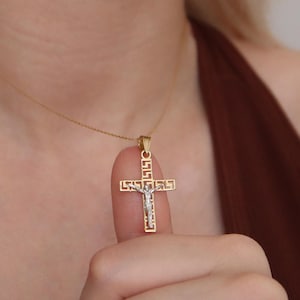 Cross Necklace with Jesus Christ in 14K Solid Gold, Layered Cross Charm Pendant, Textured 14K Solid Gold Cross Pendant, Religious Gifts