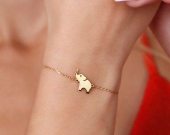 Bracelet éléphant en or massif 14 carats : porte-bonheur fait main pour la Saint-Valentin