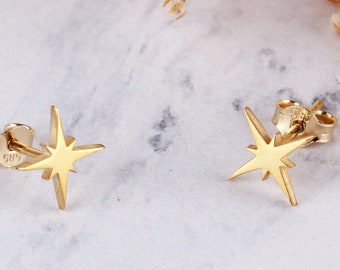 14K Real Gold Celestial Stud Earrings,Gold Star Stud, Dainty Gold Earrings,North Star Stud Earrings, Celestial Earrings, Christmas Gifts