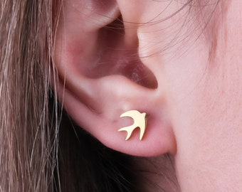14K Solid Gold Fliegen Schwalbe Ohrstecker: Handgemachte Vogel Ohrstecker Valentinstag Geschenk