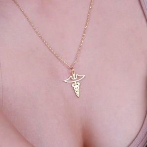 14K Solid Gold Caduceus Necklace, Gold Caduceus Symbol of Medicine Charm Real Gold Pendant Necklace,Nameplate Necklace,Gold Nursing Caduceus