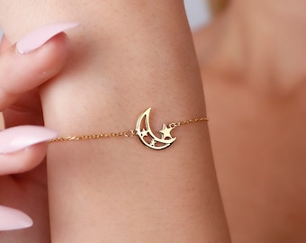 14K Solid Gold Crescent Moon & Star Bracelet: Handmade Celestial Jewelry Valentines Day Gift
